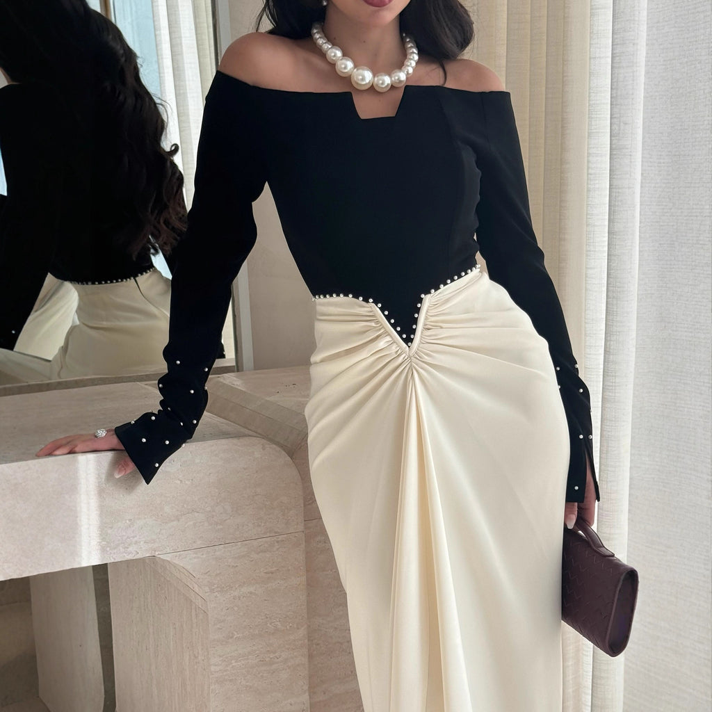 Chic Pearl-Embellished Color-Block Sheath Dress – Elegant Fit