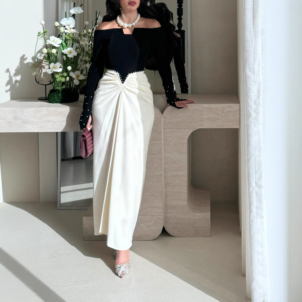 Chic Pearl-Embellished Color-Block Sheath Dress – Elegant Fit